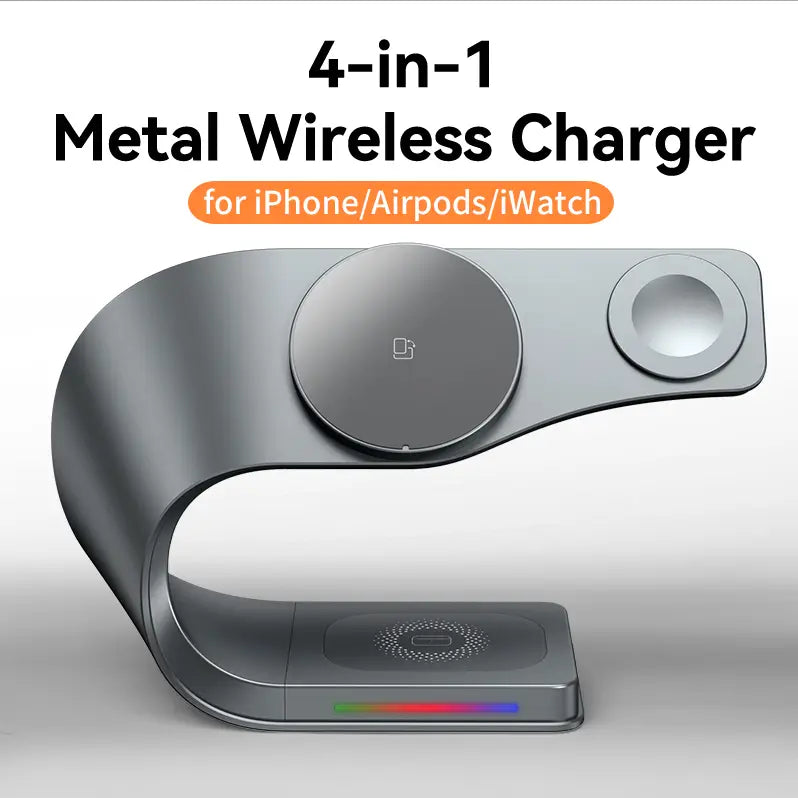 シルバー仕上げの、円形の充電パッドを備えた洗練されたメタリック4-in-1メタルワイヤレス充電器（スマートフォン／イヤホン／ウォッチ用）。