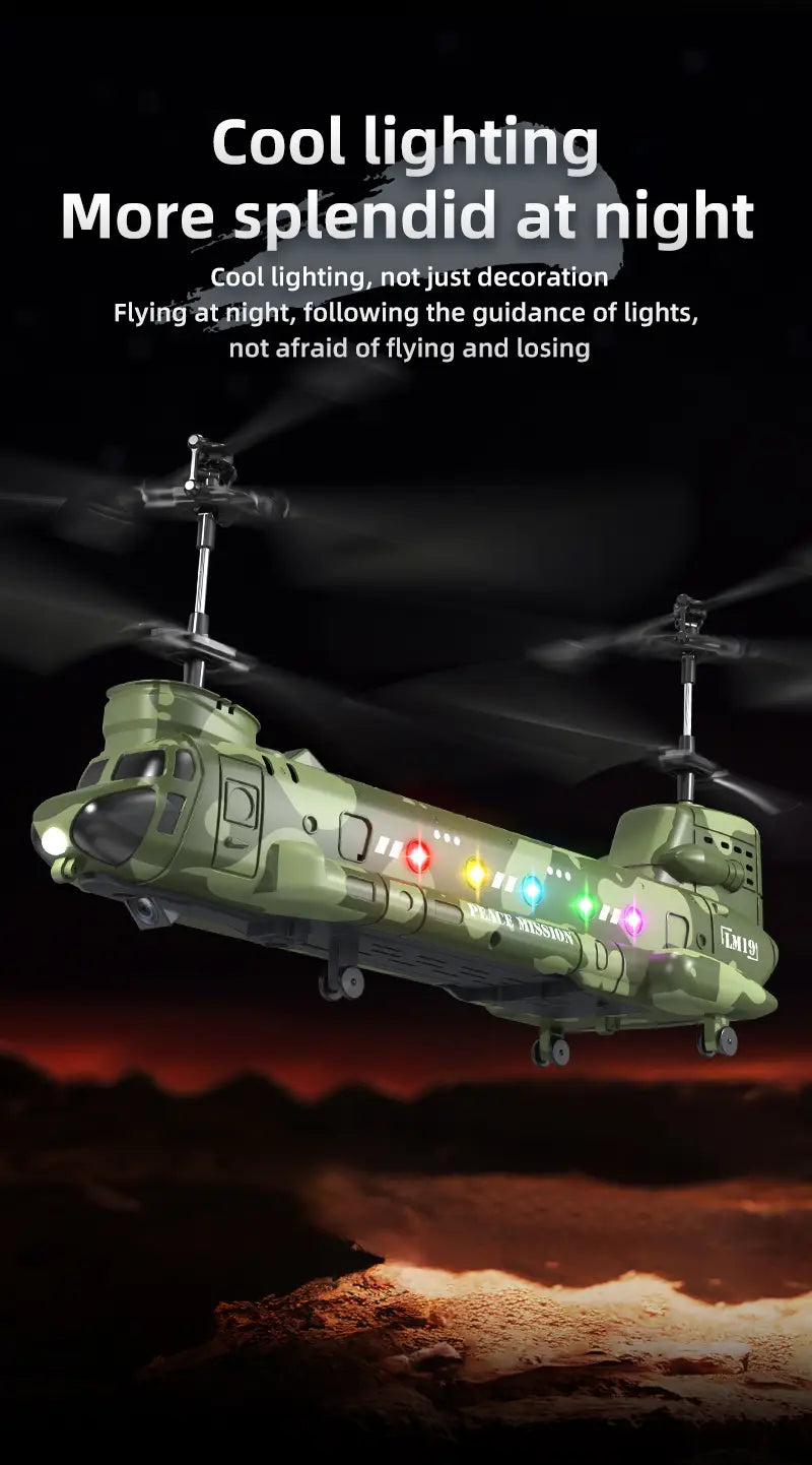 Helicóptero teledirigido de color verde oliva con luces LED luminosas, diseñado para fotografía aérea y para el desarrollo de habilidades.