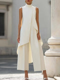 Women Stand Neck Sleeveless Layered Long Vest Wide Leg Pants Co Ord Set Elegant Business Formal Office Commuter Two Piece Outfit