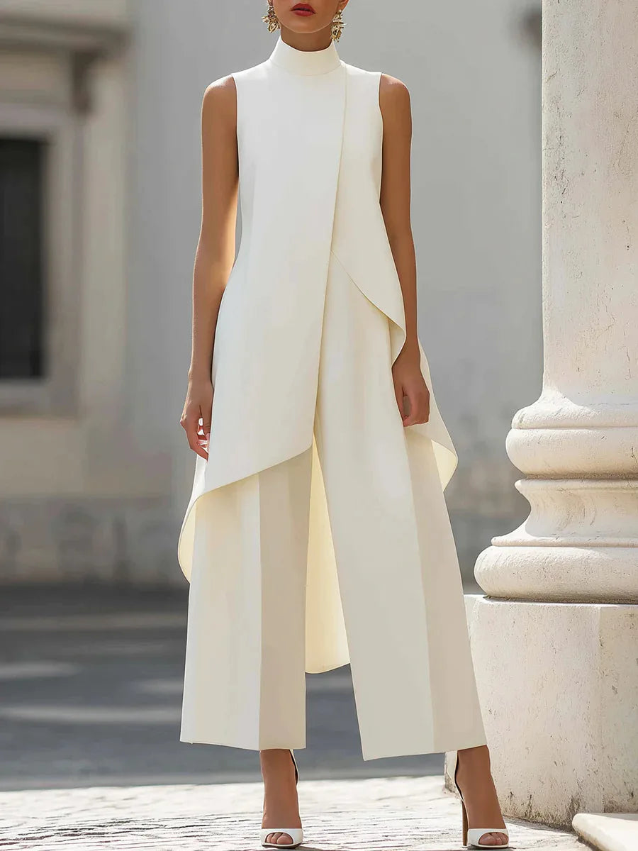 Women Stand Neck Sleeveless Layered Long Vest Wide Leg Pants Co Ord Set Elegant Business Formal Office Commuter Two Piece Outfit