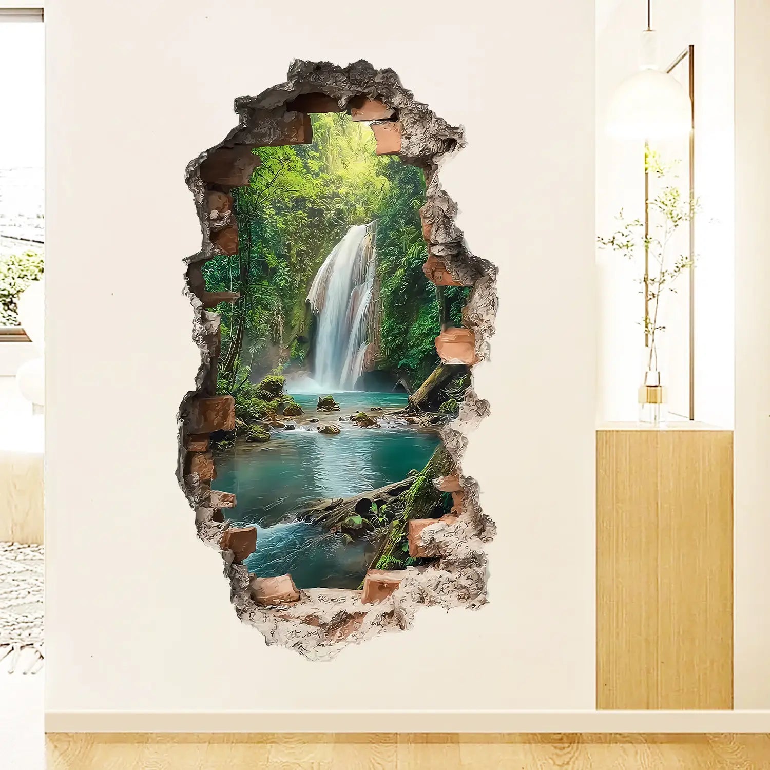 Ein lebendiger 3D-Wasserfall-Wandaufkleber im Dschungel-Stil mit einer üppig grünen Wasserfall-Szene, eingefasst von strukturierten gebrochenen Betonkanten.