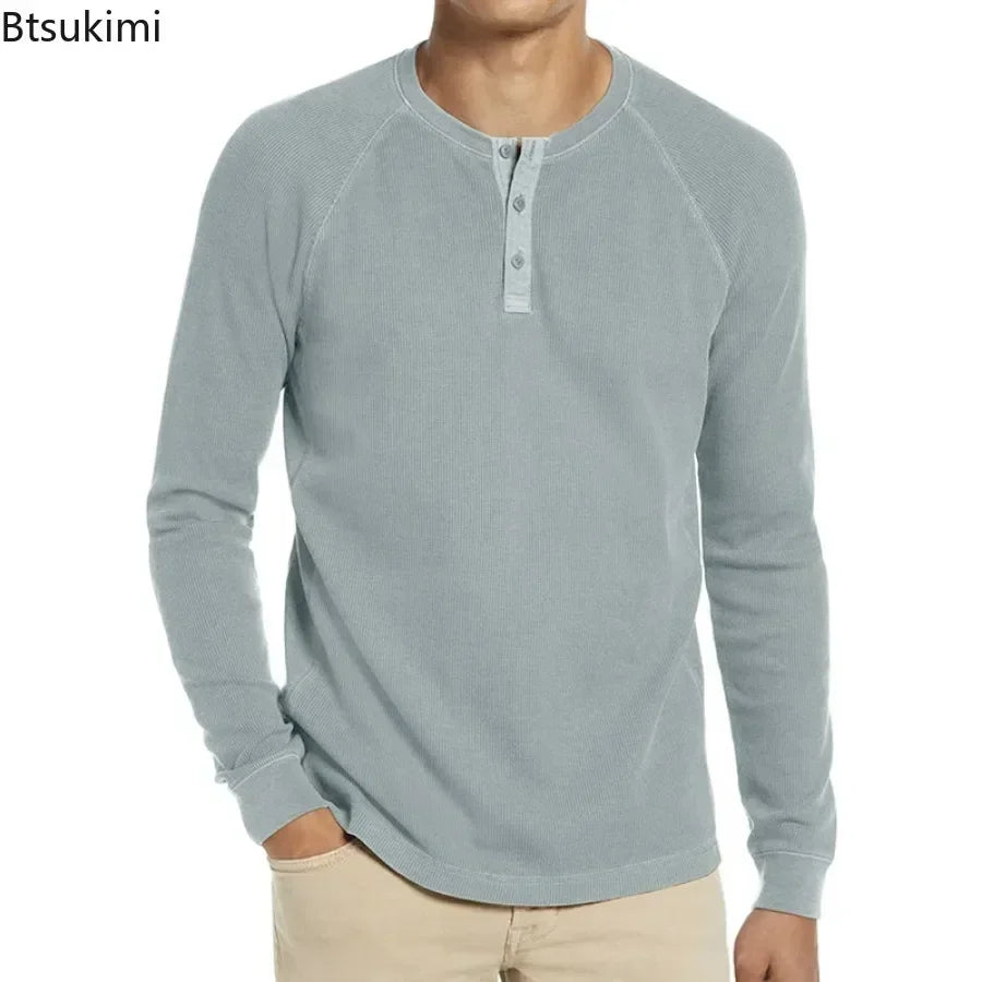 2026 Men's Long Sleeve Waffle T-shirts Fashion O-neck Bottoming Shirts Male Solid Button Casual Tops Soft Versatile Men's Shirts