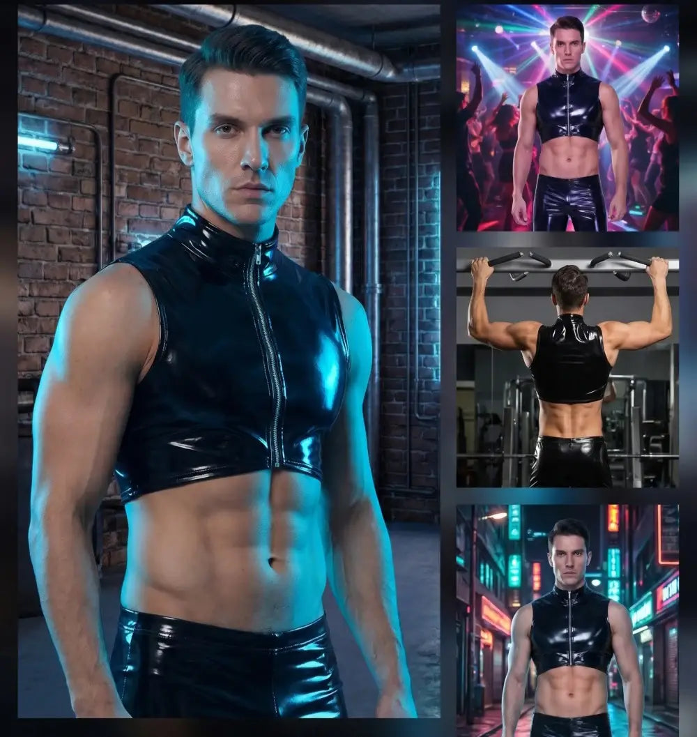 camiseta sin mangas tipo crop de látex negro brillante con cremallera frontal y pantalones a juego en conjunto de camiseta sin mangas de apariencia húmeda de PVC para hombre
