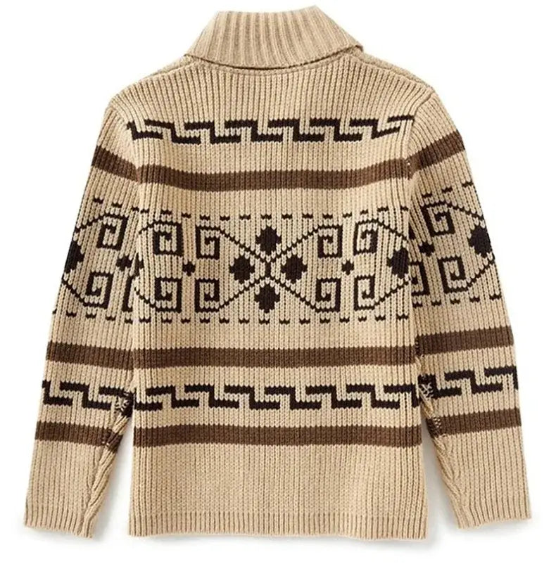 Pull-over cardigan vintage à fermeture éclair géométrique pour homme présentant un col roulé à motif géométrique beige et marron, avec poignets côtelés.