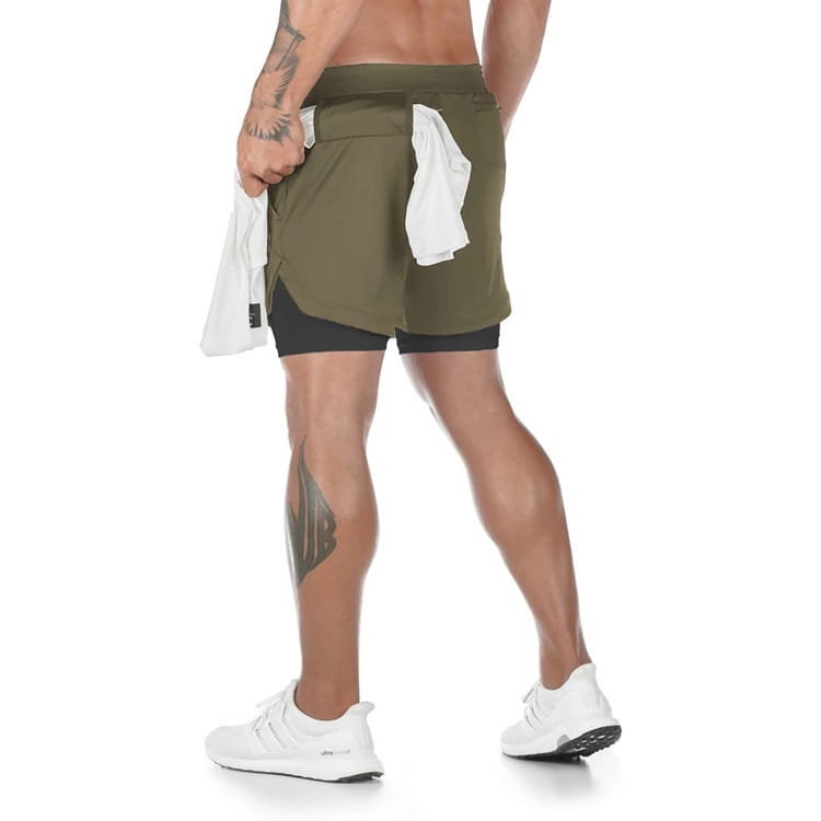 Men 2 in 1 gym shorts olive green two-layer quick dry workout activewear with black inner lining and side pockets.