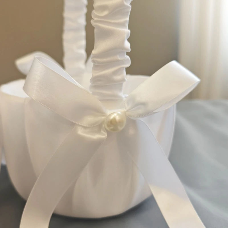New Wedding Flower Baskets and Ring Pillow Set Bridal White Satin Bow Decor Wedding Decoration Party Supplies Gifts
