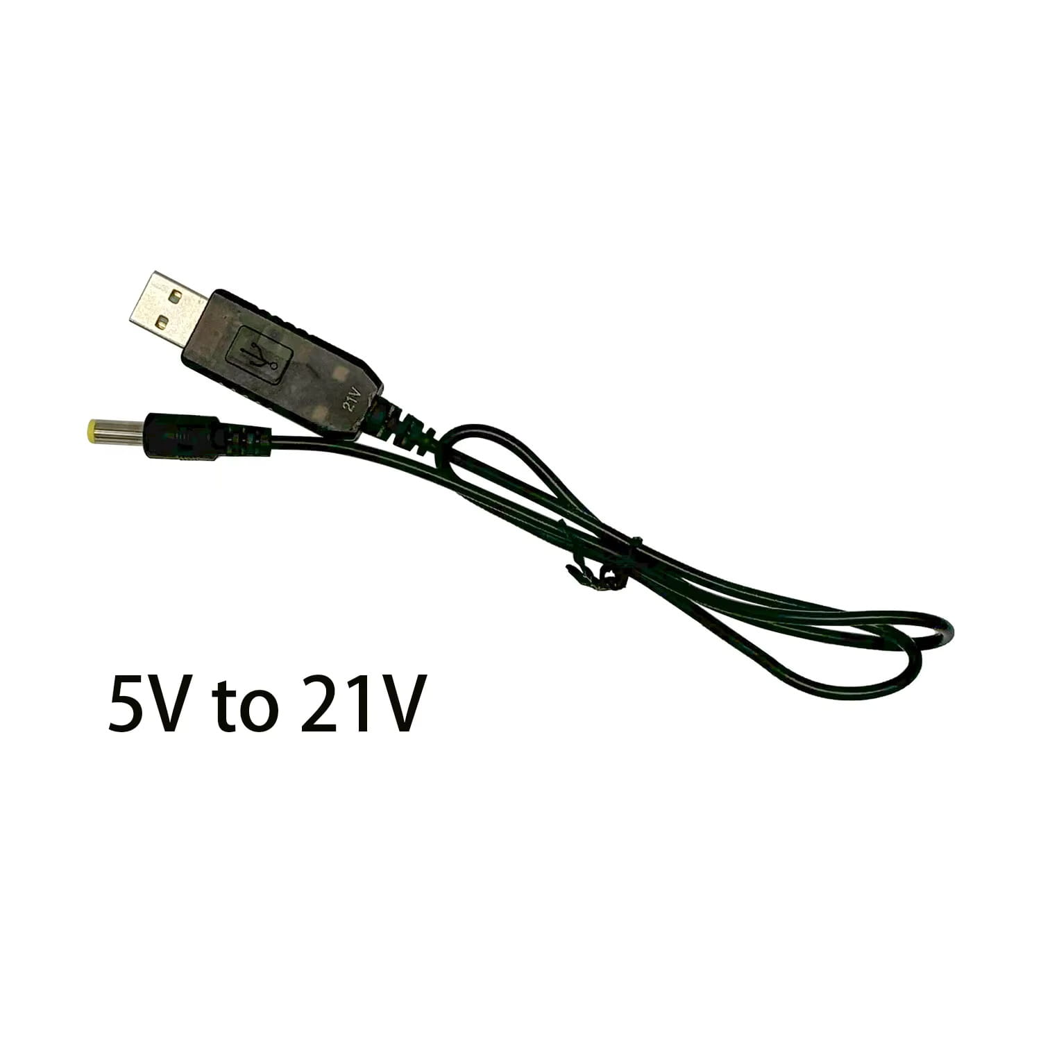 Black USB to DC power adapter cable with 5v to 21v voltage range for boost charging.