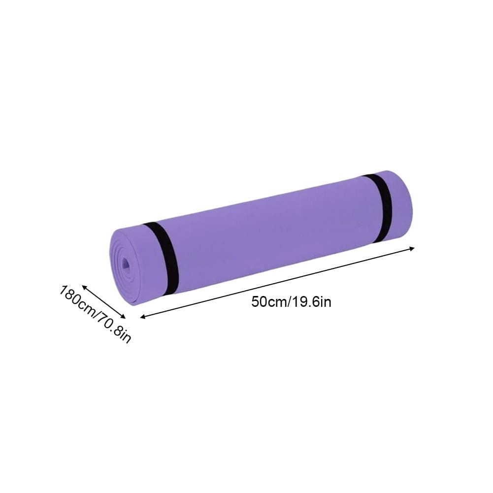 A rolled purple portable Eva exercise mat with black straps measuring 180cm by 50cm designed for fitness and camping.
