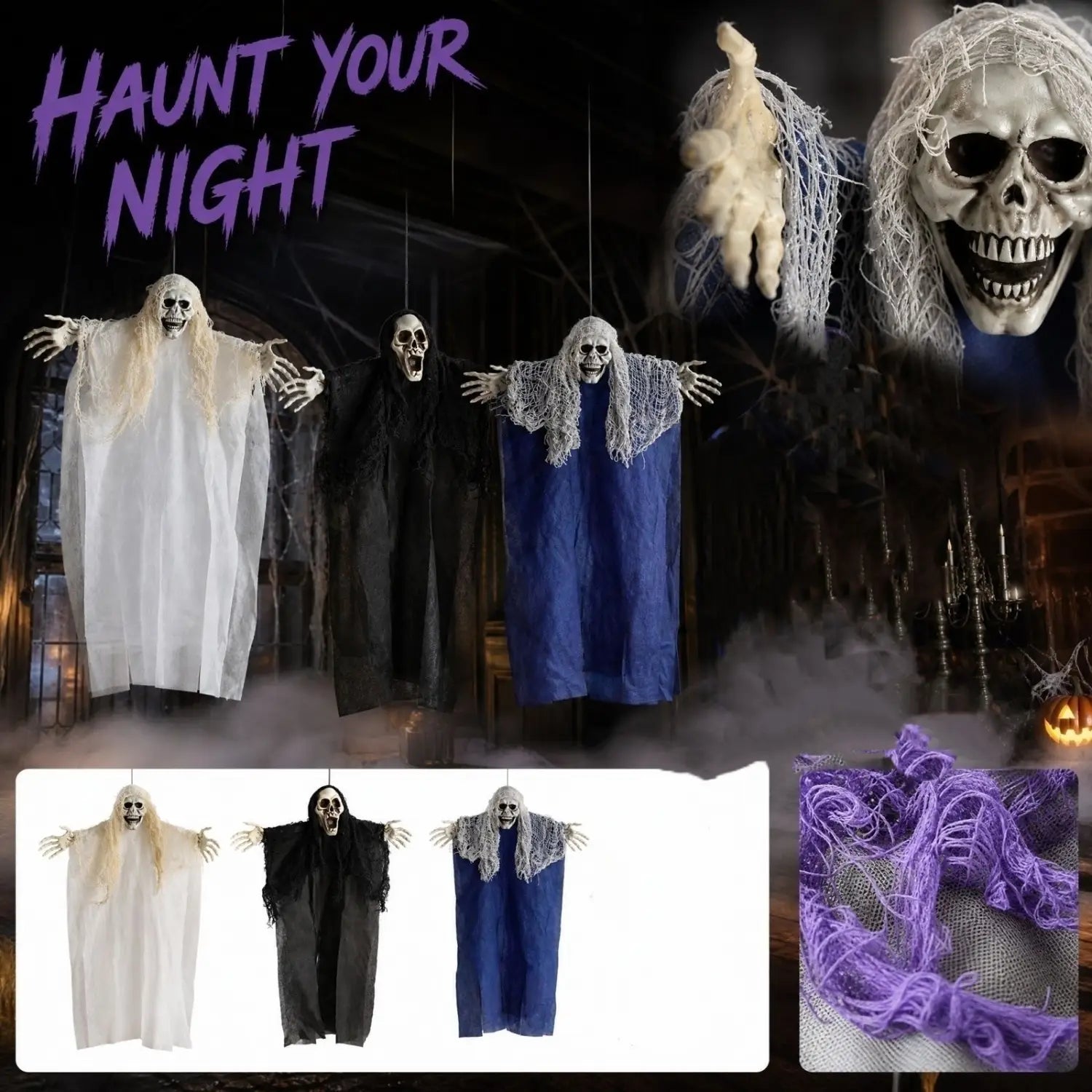 Décoration d’Halloween suspendue en forme de squelette fantôme, accessoire suspendu, avec des robes blanches, noires et bleues et des visages de crâne, conçue pour la décoration suspendue d’Halloween et pour une utilisation en salle d’évasion