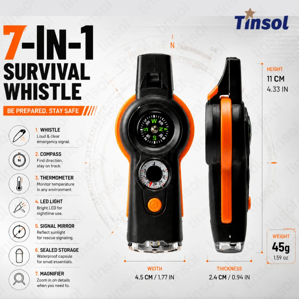 Camping Hiking 7in1 Outdoor Multifunctional Survival Whistle Flashlight Compass Thermometer Magnifier Reflector Glass Magnifying