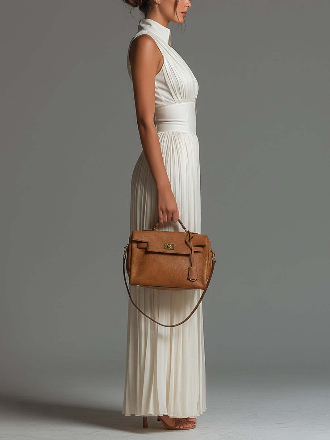tan leather kelly bag with gold-tone hardware paired with a pleated chiffon wide leg jumpsuit.