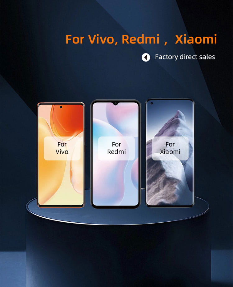 Drei Smartphones mit eleganten, modernen Designs und lebendigen LCD-Bildschirmen von vivo, redmi und xiaomi, kompatibel mit der Markenanzeige, dargestellt für die Original-LCD-Bildschirm-Baugruppe für iPhone 14 Pro Max.