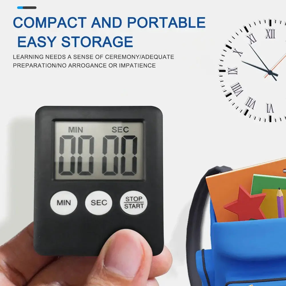 Black compact digital kitchen timer with square face and white buttons labeled min sec and stop start featuring magnetic back for convenient use as a stopwatch.