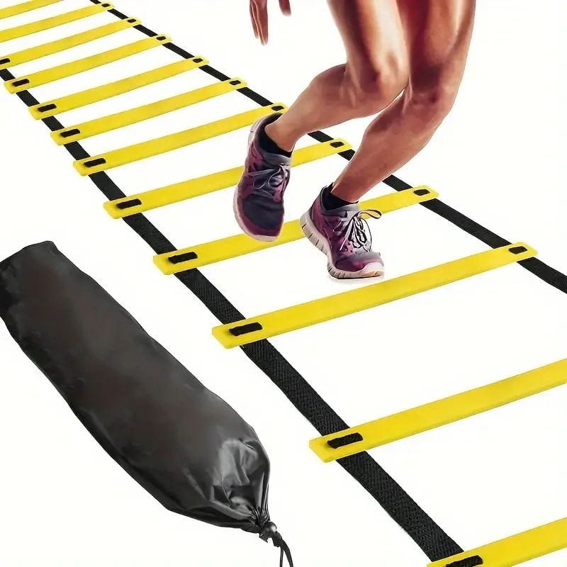 Yellow and black agility ladder with a durable flexible design for fitness training in a soccer speed training parachute and agility ladder kit.