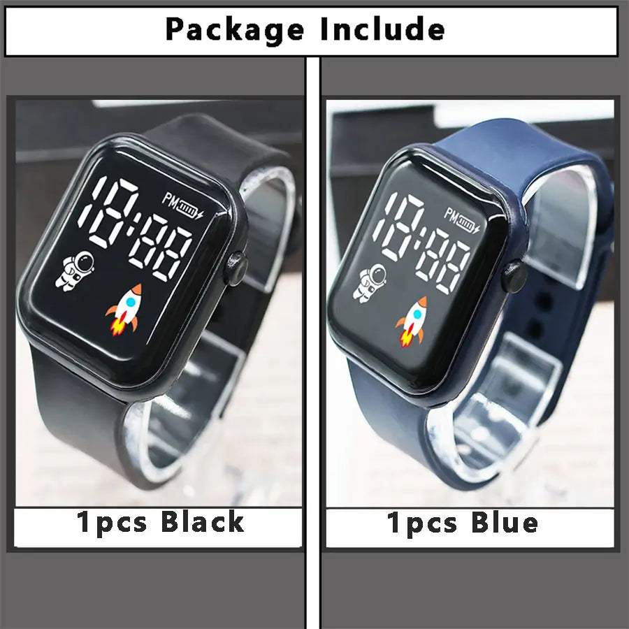Montres électroniques noires et bleues pour enfants, garçons et filles, avec affichages numériques LED à thème spatial, icônes d’astronaute et de fusée, conçues comme des montres numériques de type sport.