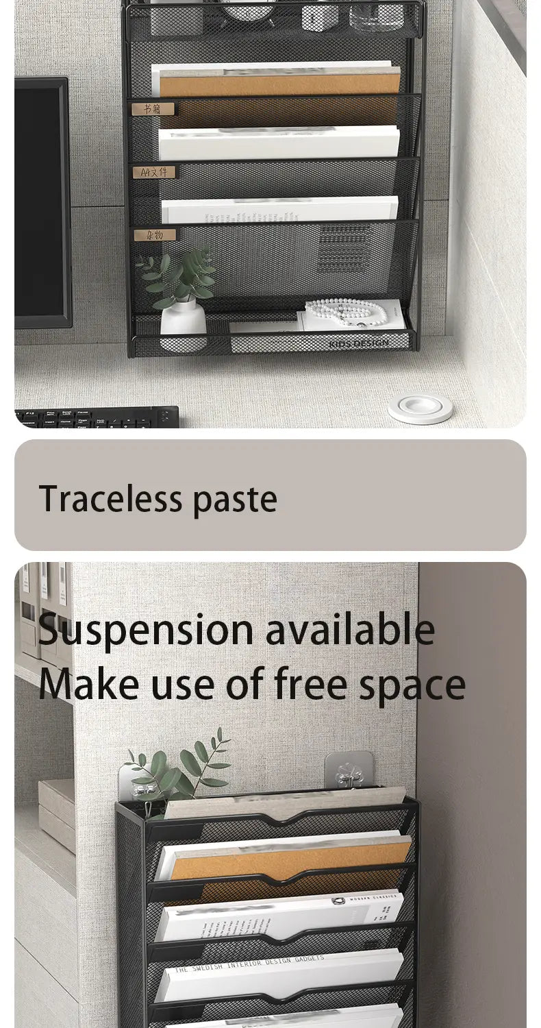 Black mesh multi-compartment wall mount desk organizer with five adjustable shelves and a small plant holder at the bottom designed for efficient file storage.