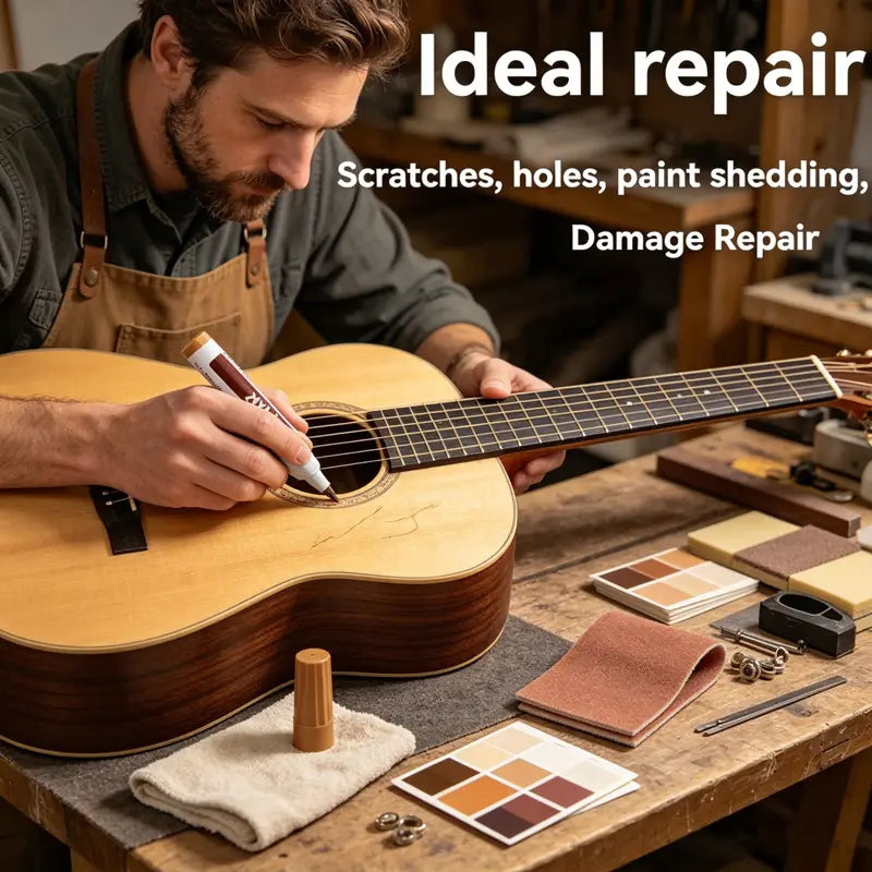 Ein Handwerker repariert eine hellbraune akustische Holz-Gitarre mit dunklem Griffbrett mithilfe eines Holzreparatur-Markerset für Möbel und Schablonenfüllerstiften.