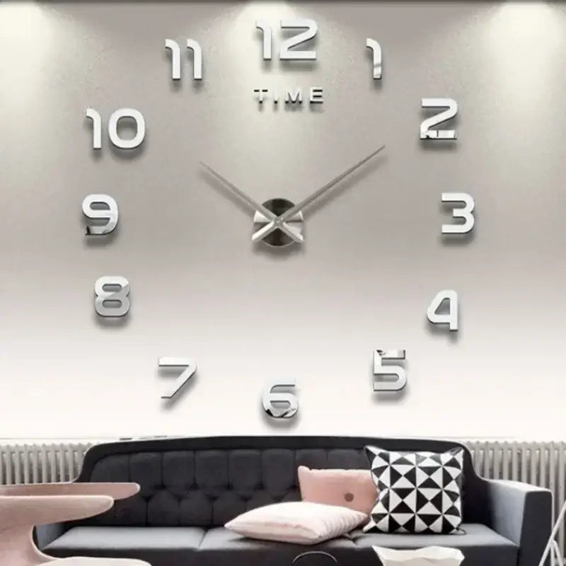 Large 3d diy acrylic wall clock featuring a silver 3d design with mirrored numbers and a sleek modern style.