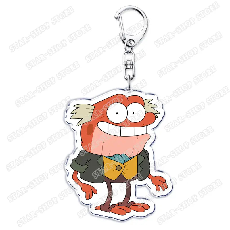 Orange cartoon character Amphibia anime acrylic keychain featuring white eyes yellow bow tie and black jacket made of clear acrylic material.
