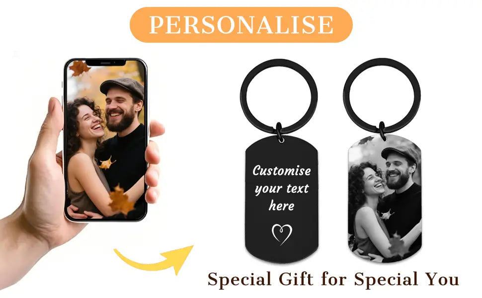Black personalized dog tag keychain with engraved text and heart design featuring a customizable photo print on one side for couples.