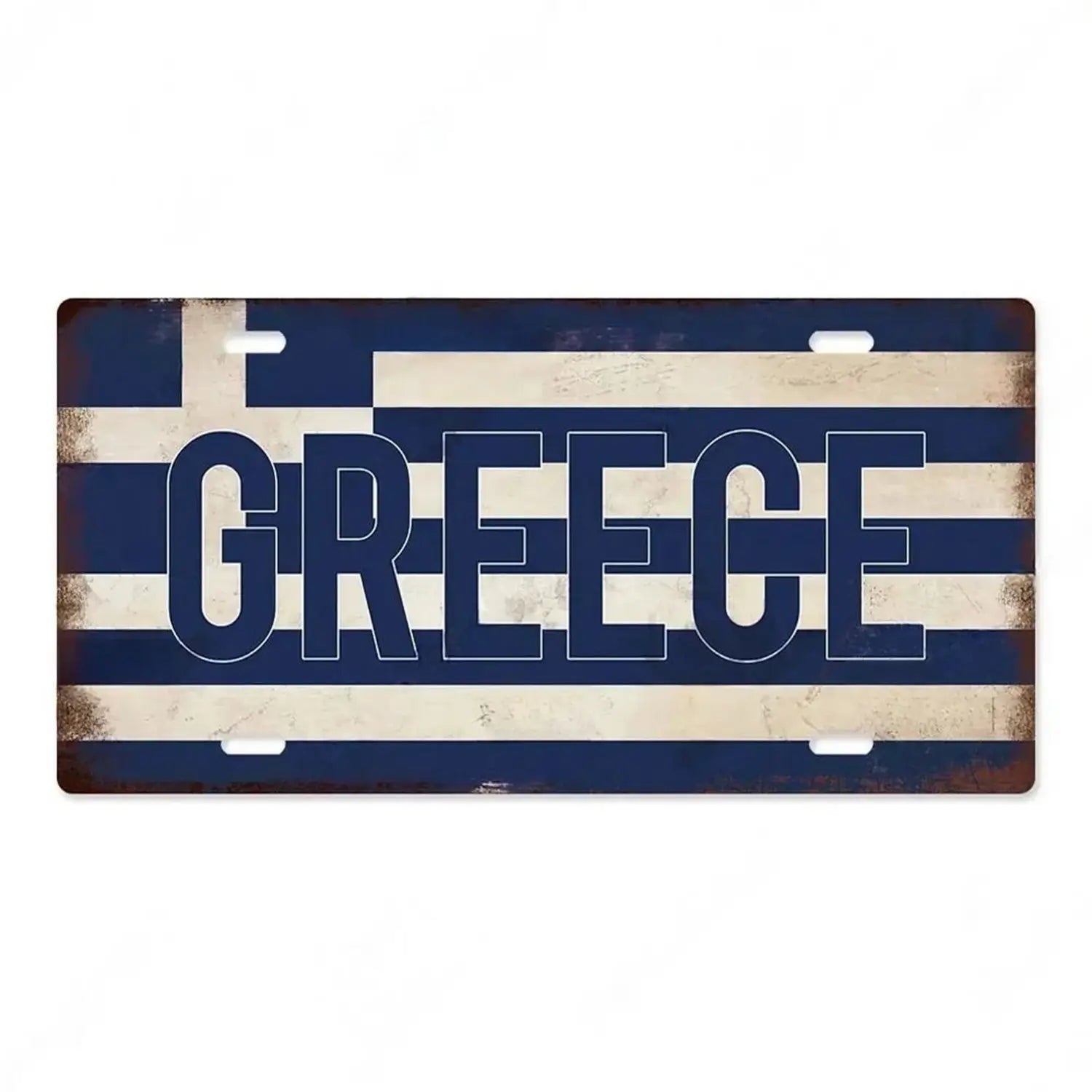Vintage-style metal license plate featuring the greek flag with distressed blue and white stripes and bold navy lettering spelling Greece with a weathered finish, ideal for vintage wall decor.