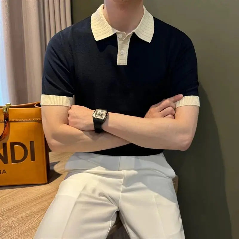 Casual Versatile Short Sleeve Knitted  Shirt Men's Fashion Urban Style Breathable Light Weight Summer Color Block Collar Tee