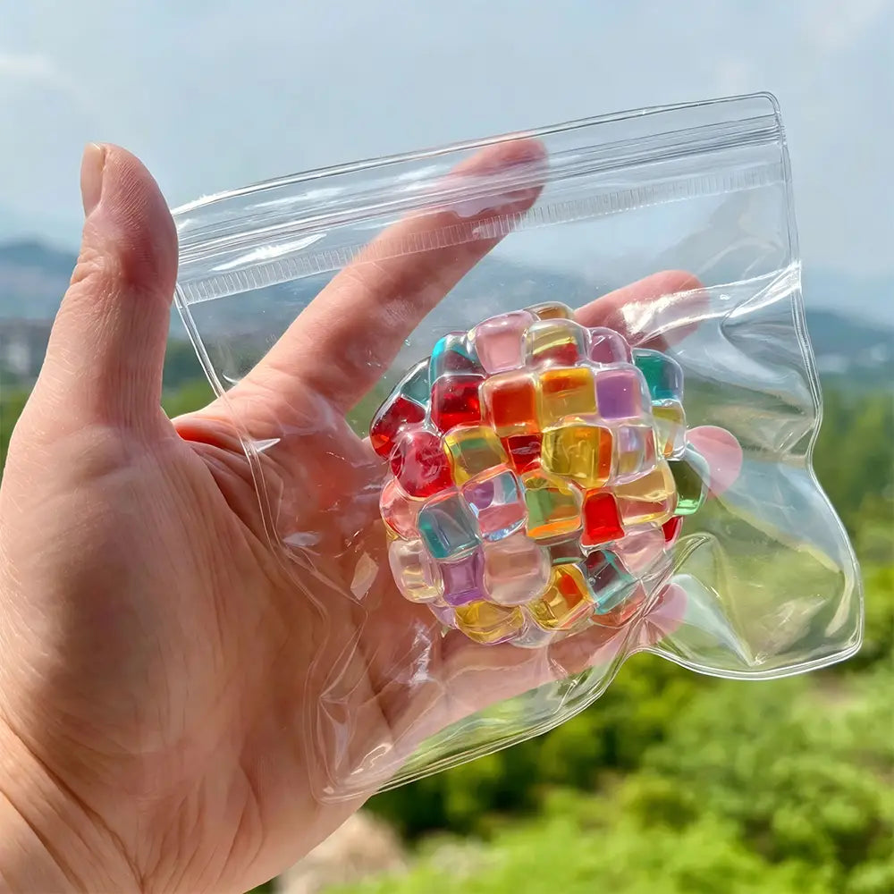 Jouet anti-stress à perles de glace en gel à presser, en forme de cube translucide coloré, avec un motif mosaïque composé de segments rouges, jaunes, bleus et violets.
