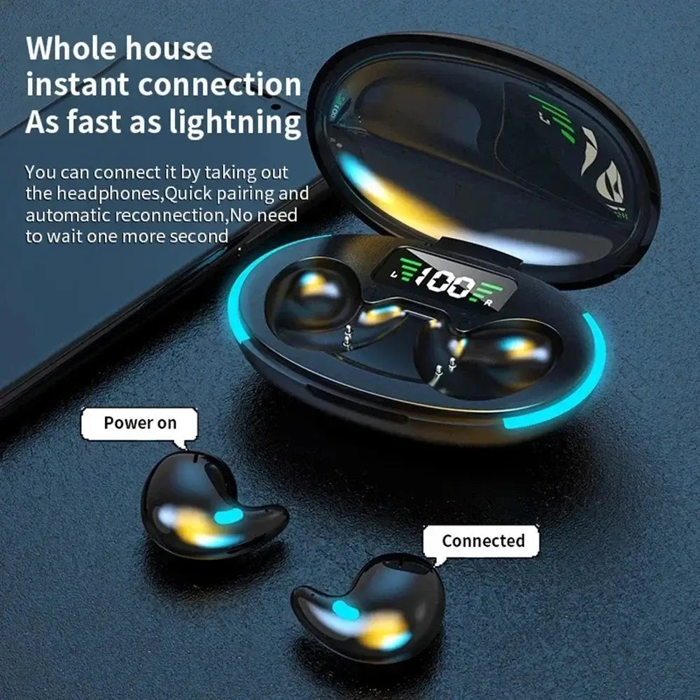 Black wireless sleeping earbuds Bluetooth 5.3 with glowing blue LED accents nestled in a sleek oval charging case displaying 100 percent battery life.