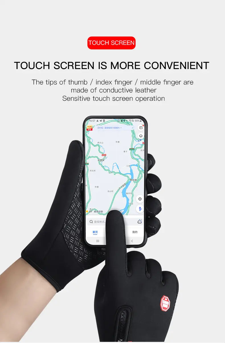 Guantes de ciclismo con pantalla táctil a prueba de viento negros para hombres y mujeres con puntas de cuero conductoras y un pequeño logotipo rojo en la muñeca, mostrados desde el reverso.