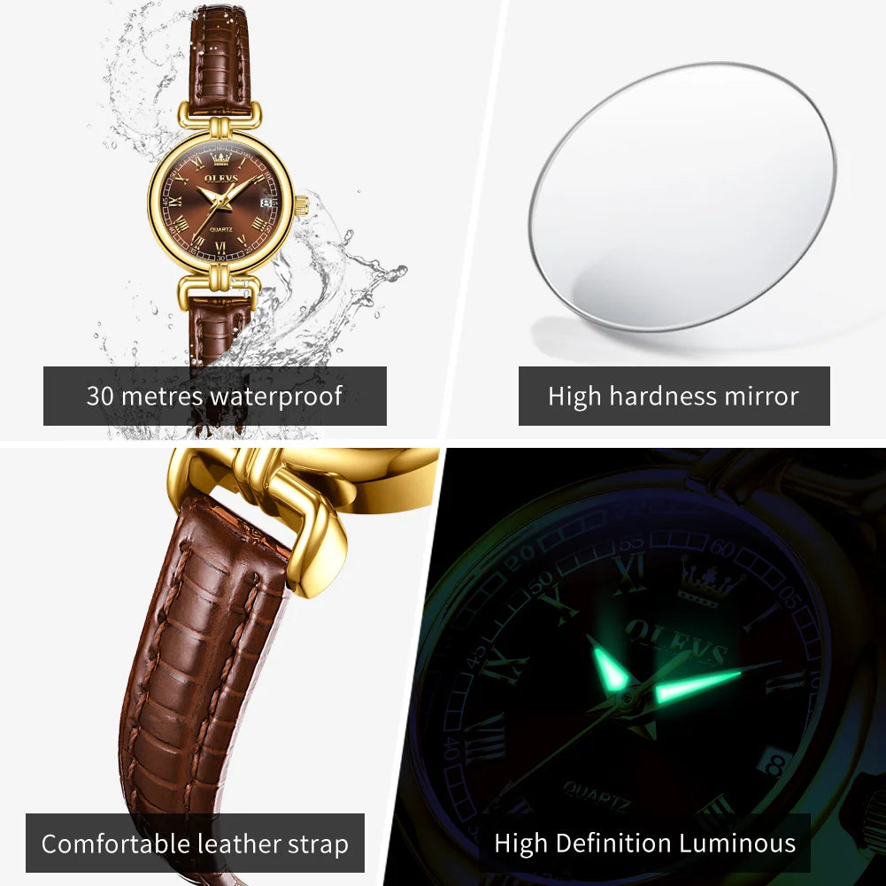 OLEVS Watches Womens Elegant Original Quartz Watch Leather Strap Waterproof Luminous Date Ladies Watches Girls Gifts Reloj New