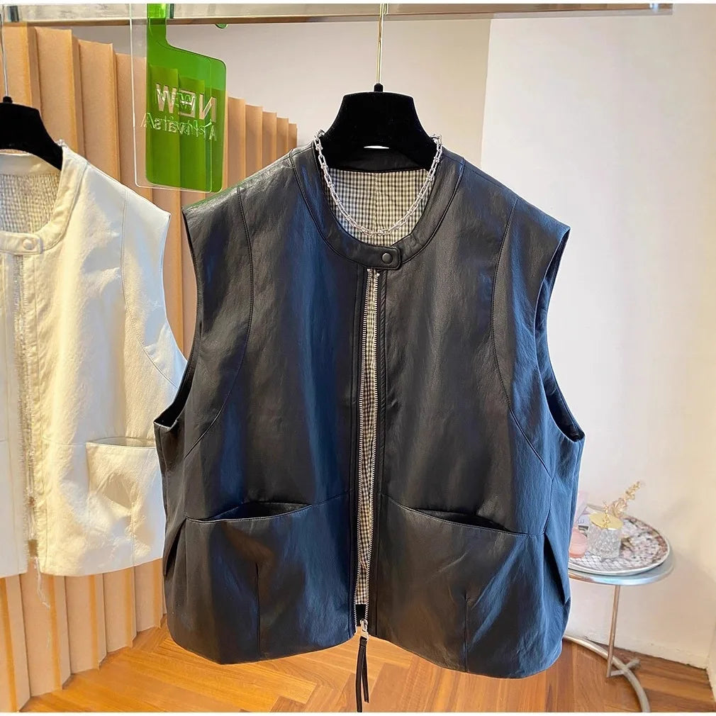 Pu Leather Vest Jacket Women's Spring and Autumn Loose Sleeveless Vests  Waistcoat Tops Casual Women Coat
