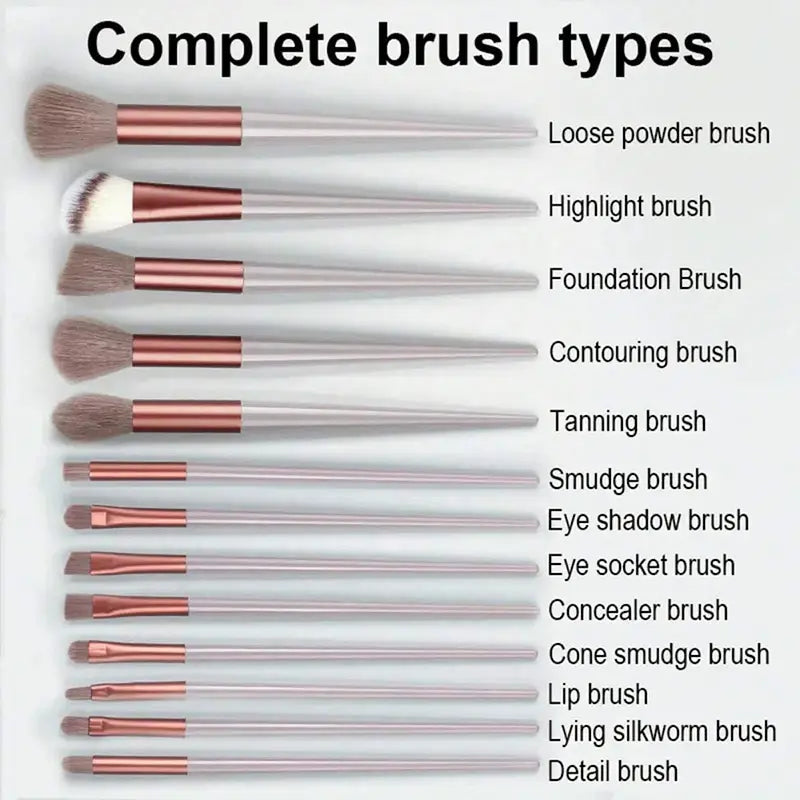Set aus zehn professionellen Make-up-Pinseln aus dem 13-teiligen Make-up-Pinselset mit roségoldenen Ferrulen und transparenten Griffen mit verschiedenen Pinselköpfen für unterschiedliche Anwendungen in der Kosmetik.