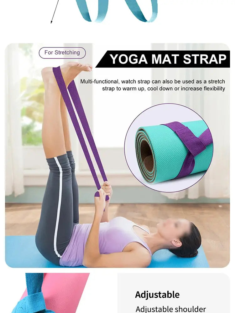 Purple elastic cotton adjustable yoga mat strap designed for stretching or as a watch band carrier sling.