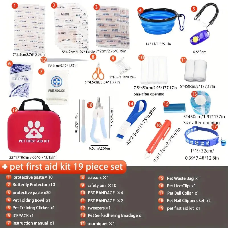 Trousse de premiers secours pour animal rouge avec empreinte de patte blanche et logo croix, comprenant une couverture d’urgence et un bol d’eau en cas d’urgence pour animaux.
