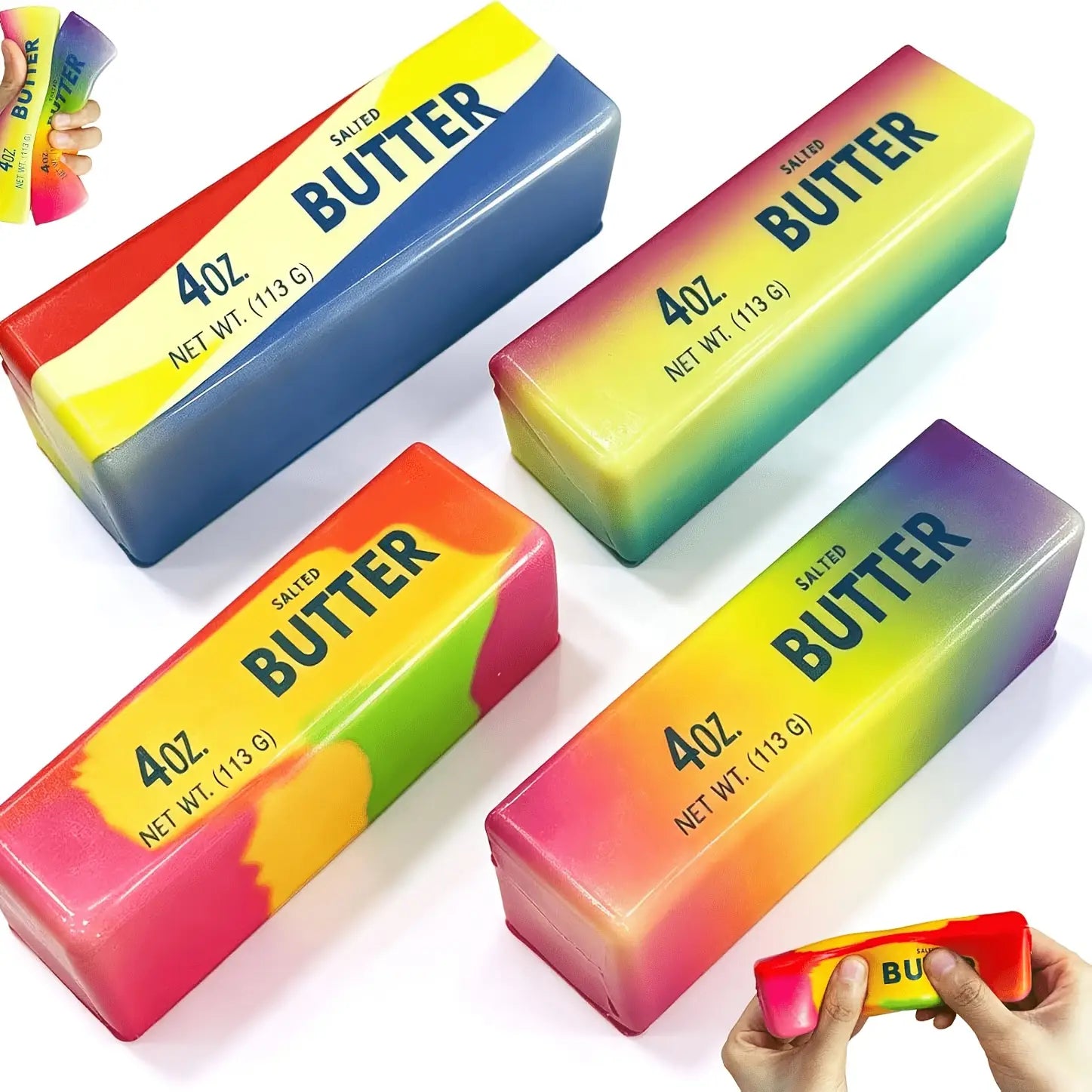 Rainbow butter squishy stress relief toy in rainbow colors with salted butter texture in 4oz packaging