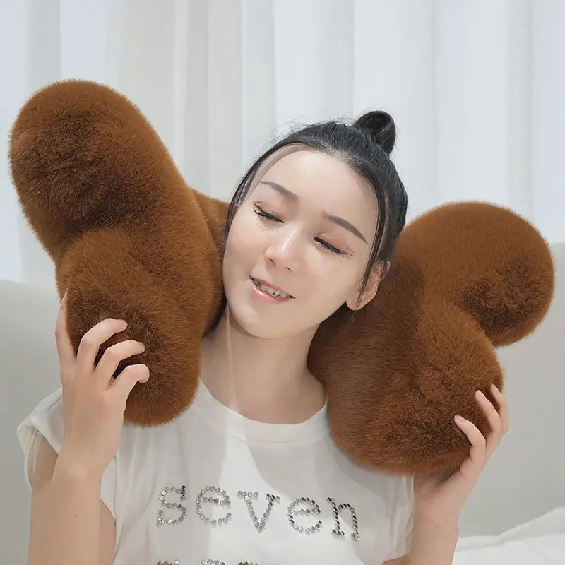 Fluffy brown teddy bear-shaped kawaii bone shape plush soft nap cushion designed as a shape plush pillow for comfortable neck support.