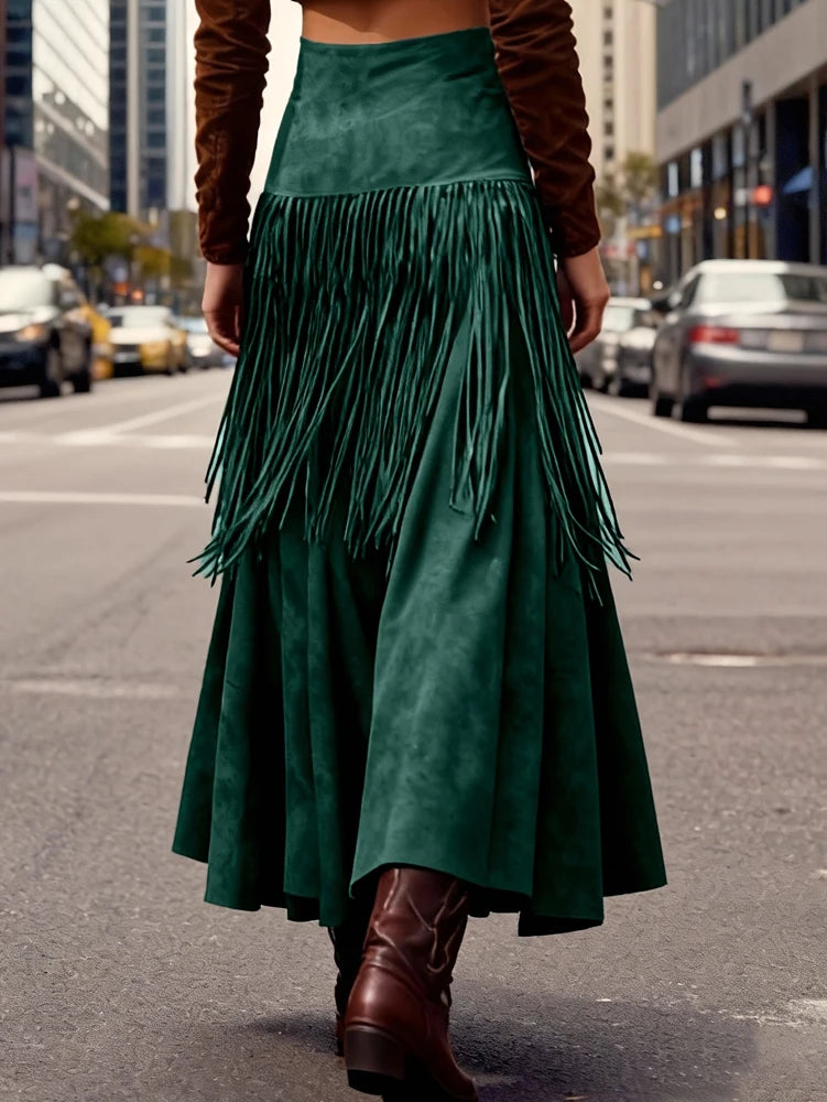 New Ethnic Elegant Solid Tassel Slim Fit Midi Skirt Brown Wide Hem Long Skirt Party Evening Dresses Versatile  Female Clothing