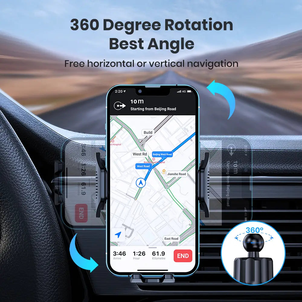 Black car phone holder vent mount with 360-degree rotation and universal auto locking for secure and adjustable smartphone holding.