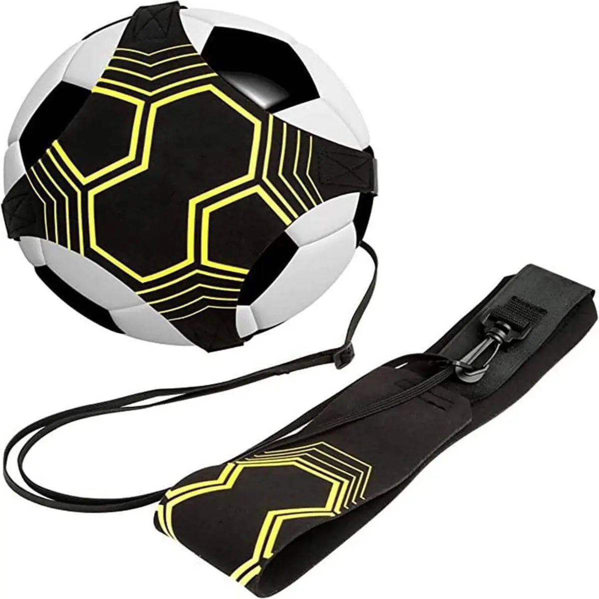 solo soccer kick trainer adjustable practice belt featuring a black and white soccer ball with neon yellow geometric patterns wrapped in a matching black strap with the same design.