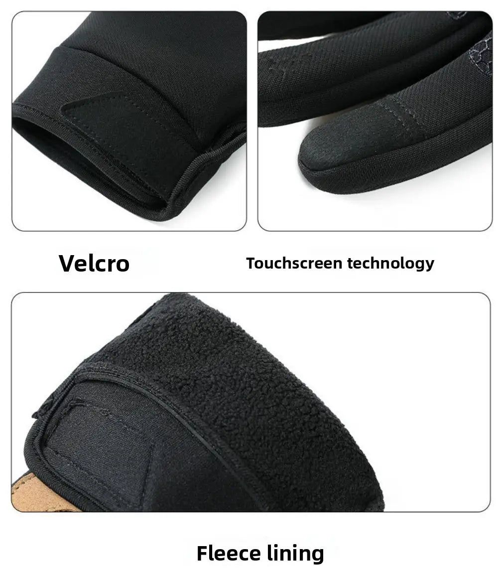 Black windproof touchscreen cycling gloves with fleece lining and velcro closure shown from the back side.
