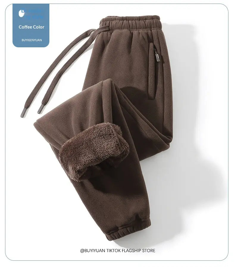 Pantalons de survêtement d’hiver décontractés pour hommes doublés en polaire couleur café, avec doublure intérieure en polaire moelleuse aux chevilles et à la taille.