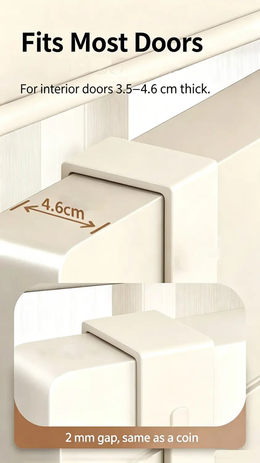 White plastic door frame spacer with precise 4.6cm measurement and consistent 2mm gap designed for interior doors 3.5–4.6 cm thick shown with over door organizer with shelf and hooks.