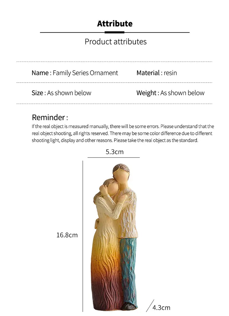 A resin family figurine abstract art home decor featuring a couple embracing with gradient colors from cream to teal and orange.