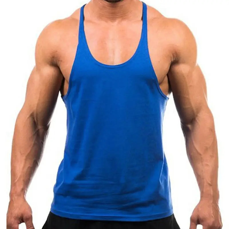 Camiseta sin mangas de algodón para gimnasio de hombre de tipo muscle azul, con tirantes finos y escote redondo, diseñada para uso atlético.