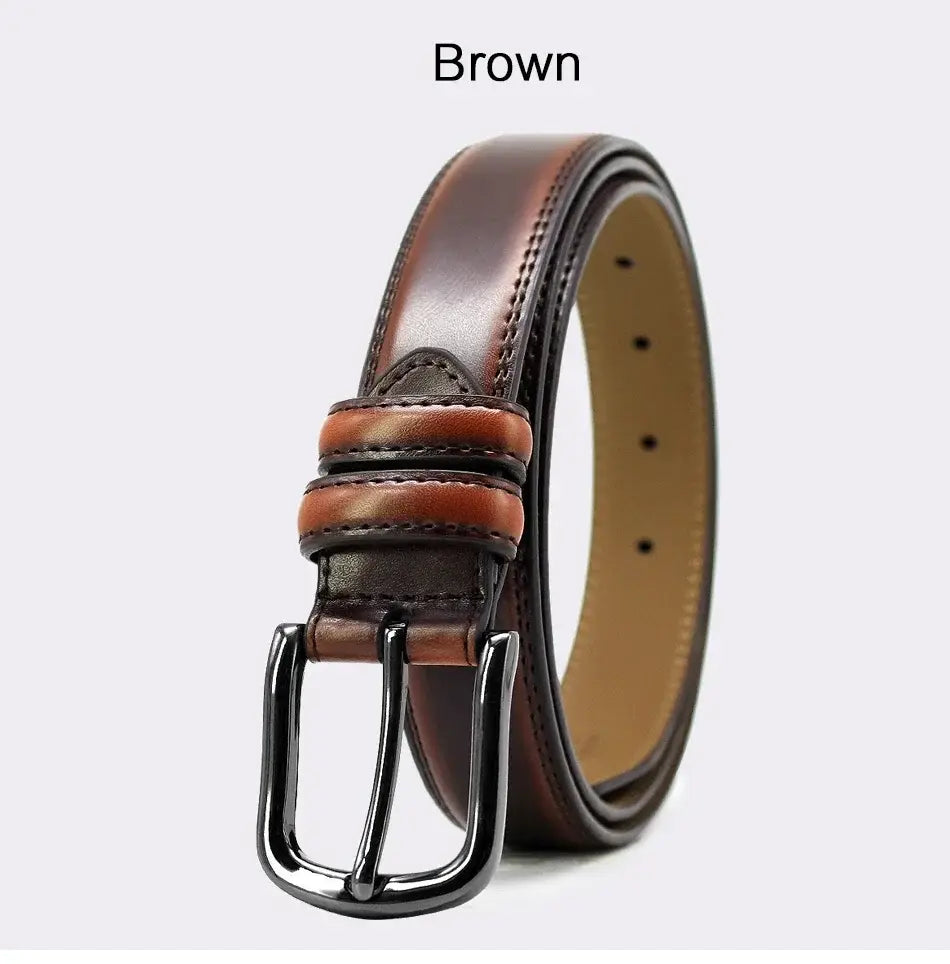 Genuine leather men reversible belt in brown leather with a black metal buckle and contrasting tan inner lining.