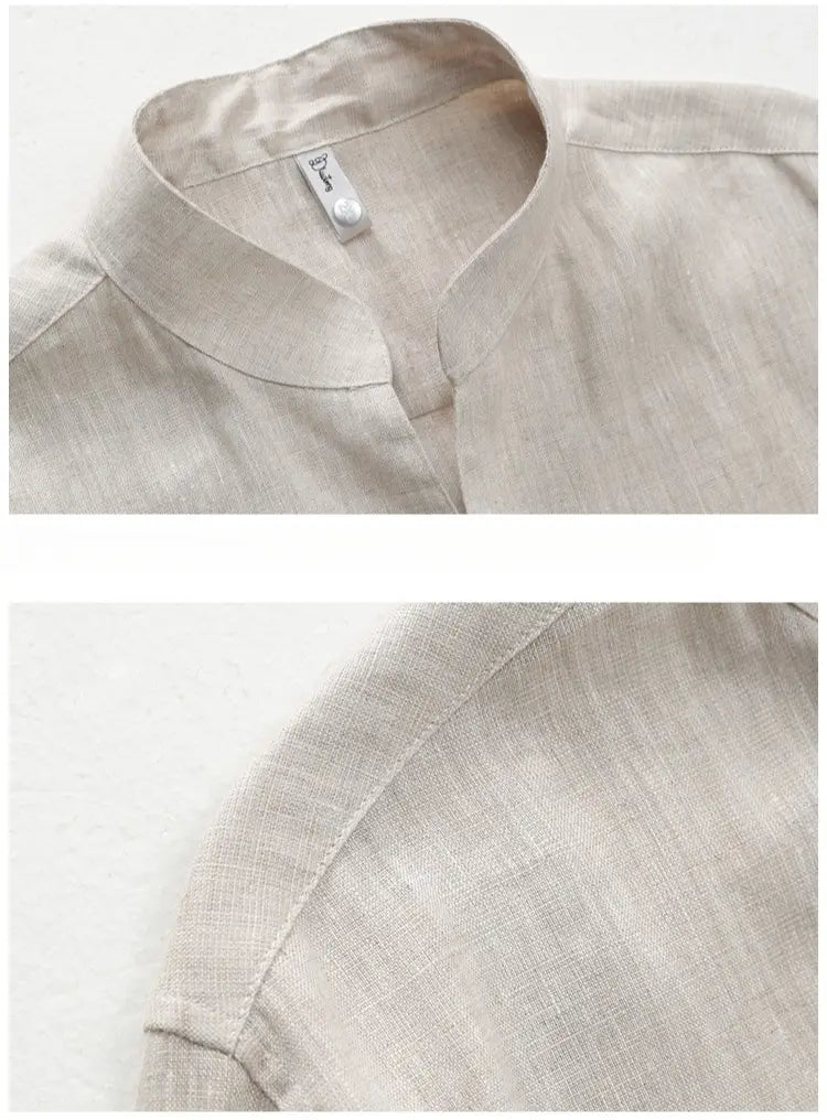 Beige linen mandarin collar shirt for men featuring a subtle texture and a clean minimalist collar.