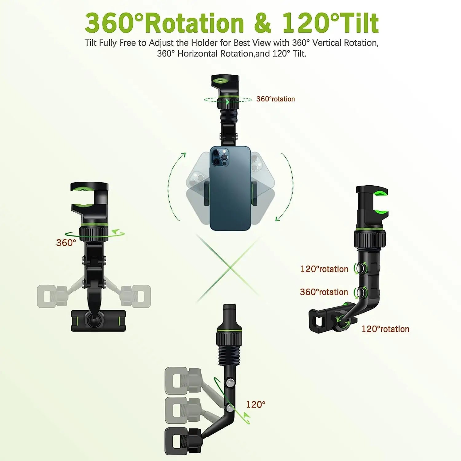 Black rearview mirror car phone holder with green accent details featuring adjustable 360° rotation and 120° tilt for optimal positioning.