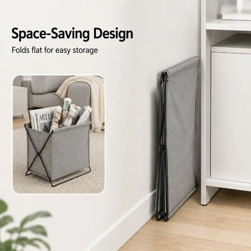 Gray fabric storage basket with a black metal frame designed to fold flat for easy storage.