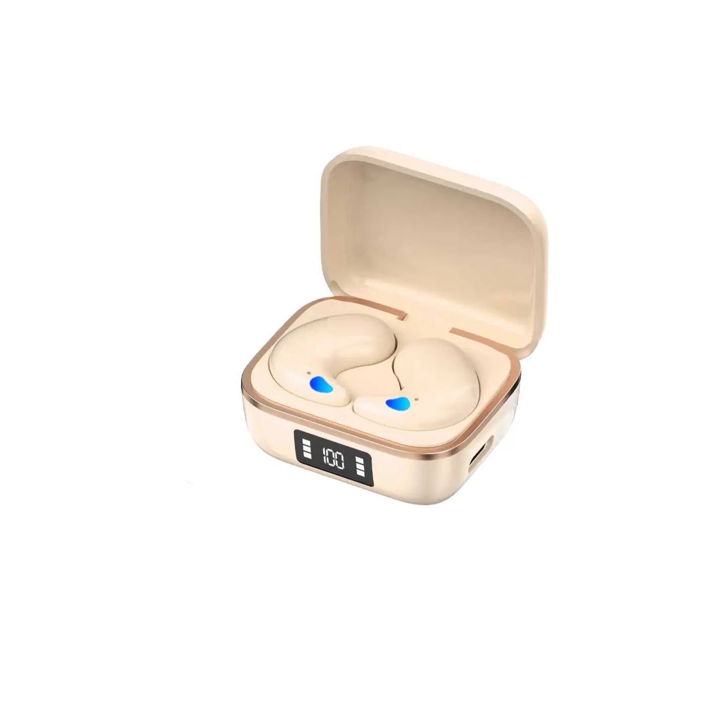 Cream-colored wireless sleeping earbuds with rose gold accents nestled in a matching charging case displaying a 100 percent battery indicator.