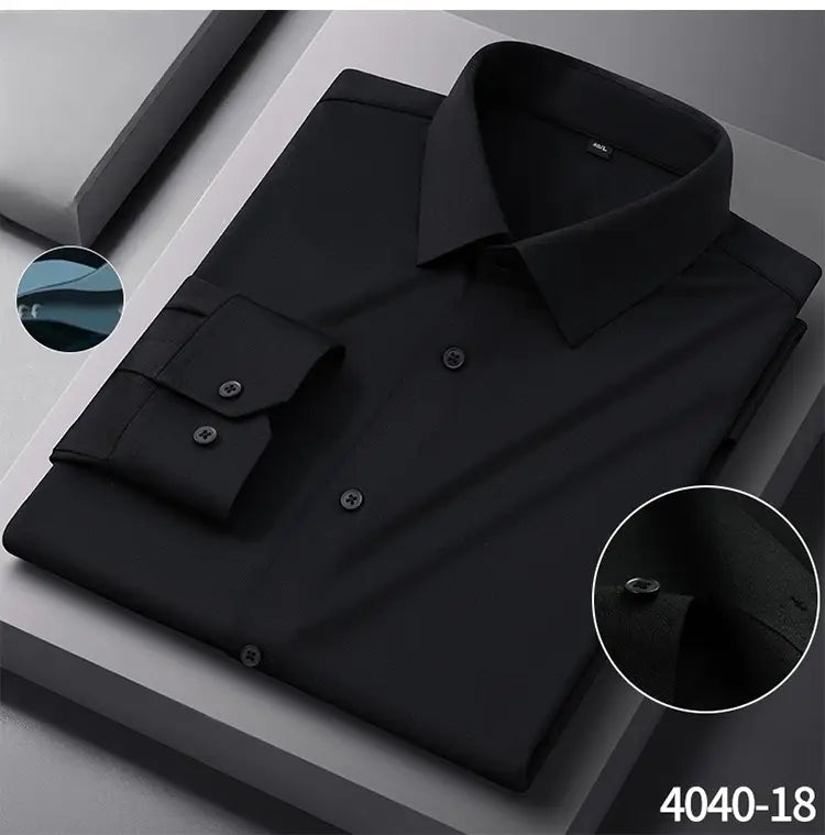 men’s slim fit nylon formal dress shirt in black with a crisp collar and matching buttoned cuffs.